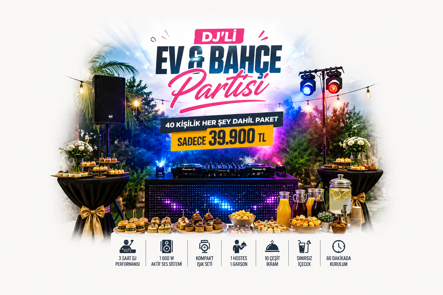 DJ’li Ev & Bahçe Partisi | 40 Kişilik Ses Sistemli İkram, Sadece 39.900 TL – Hemen Teklif Al!